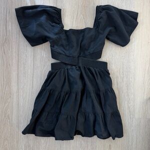 Shy Velvet Black Flutter Short Sleeve Tiered Mini Dress with Cut Outs